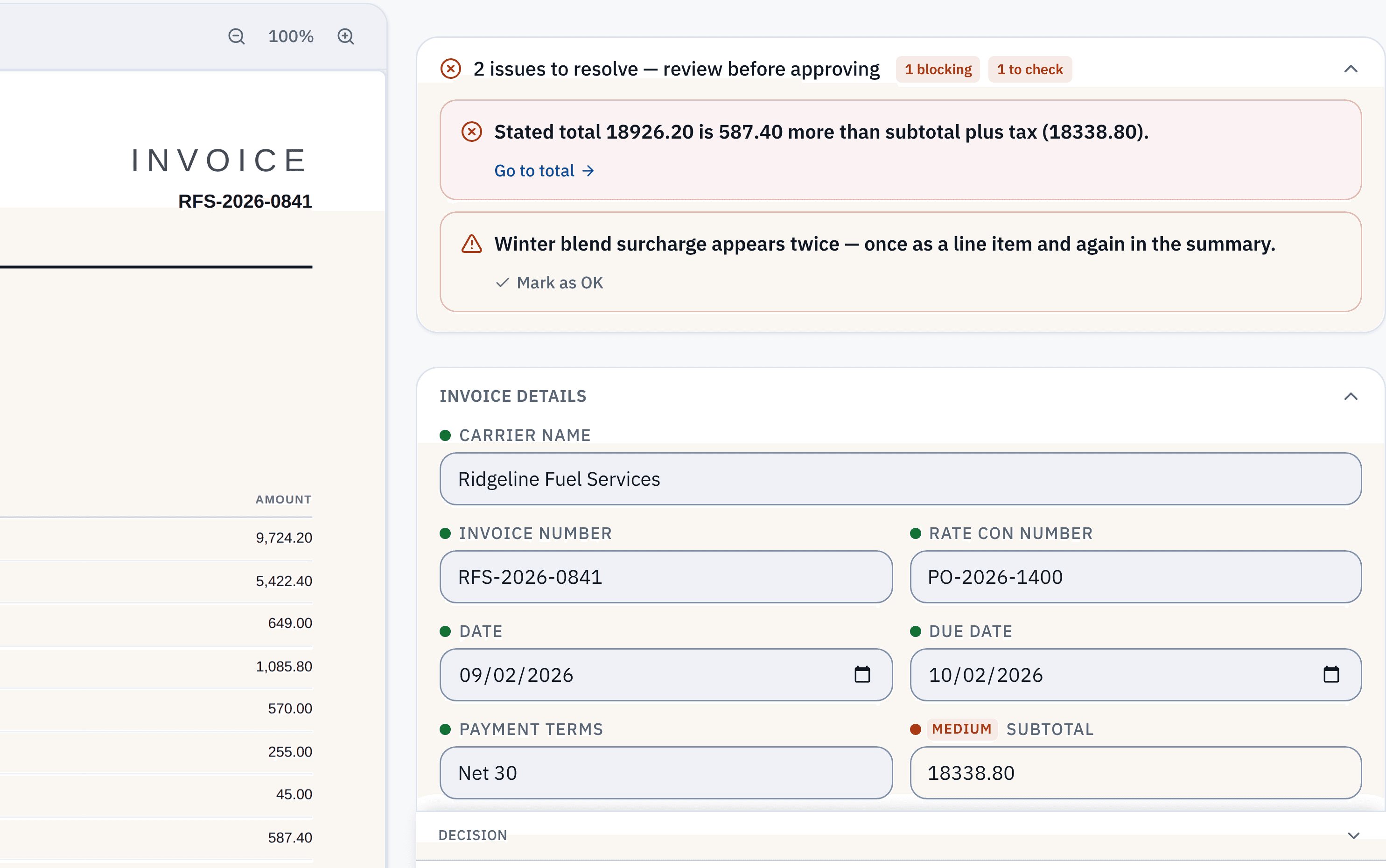 A carrier invoice open beside the page it was read from, with a surcharge billed twice flagged before payment