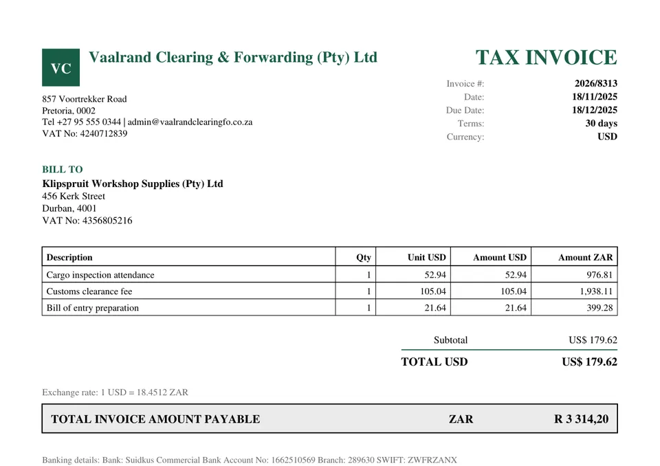 Synthetic clearing and forwarding invoice with lines in US dollars and an amount payable box in South African rand