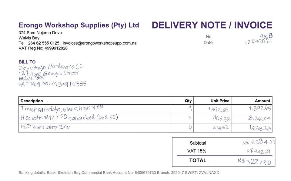 Delivery Note Printed Example Invoice extraction accuracy benchmark | InvoiceParser Pro