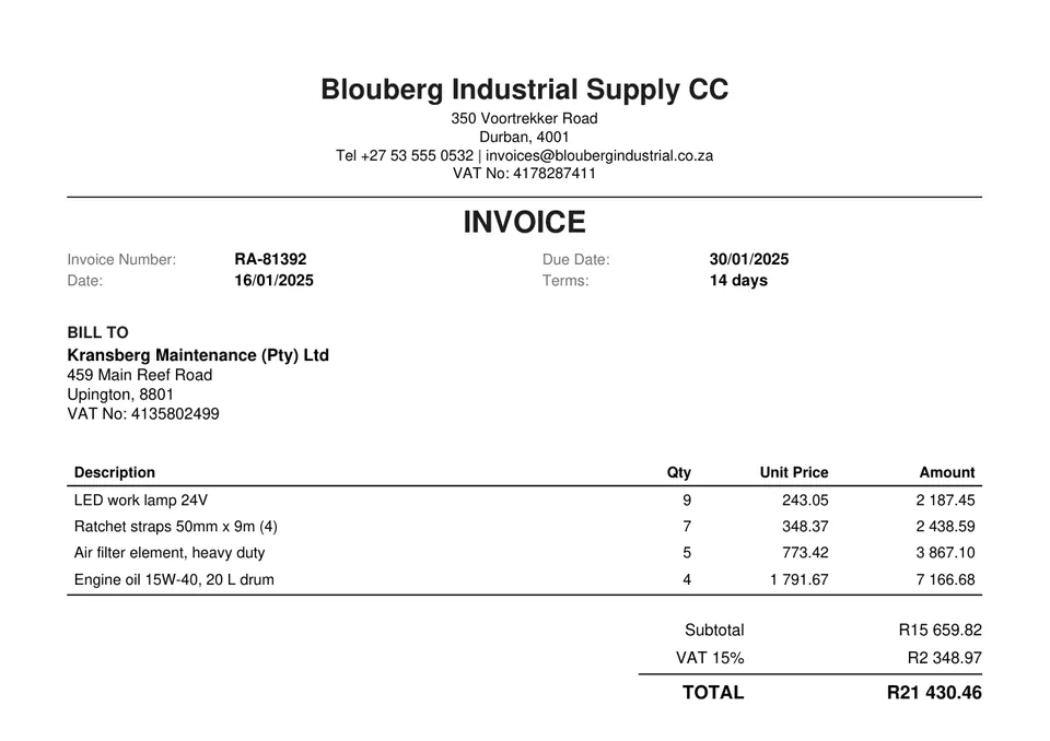 Synthetic South African invoice whose printed total is larger than the subtotal plus VAT