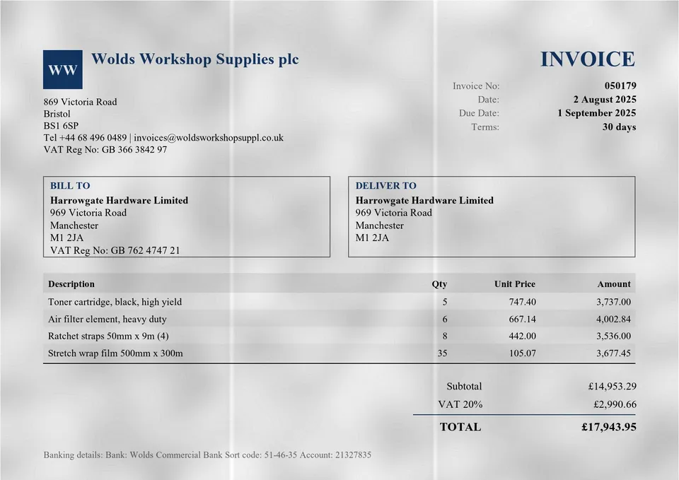 Synthetic UK invoice photographed after being crumpled and folded into quarters