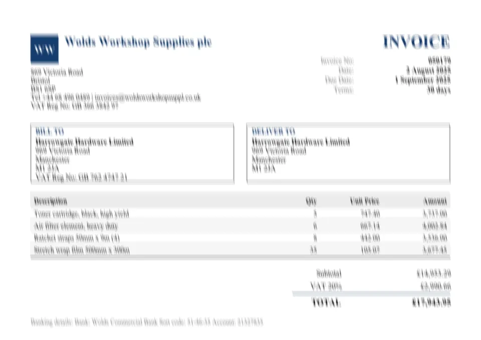 Synthetic UK invoice photographed with severe motion blur; the text is smeared sideways