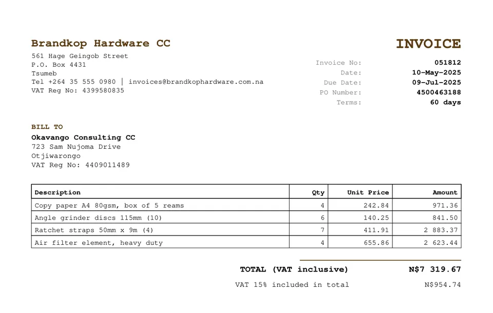 Synthetic Namibian invoice in a typewriter font whose total includes VAT, with the VAT shown underneath