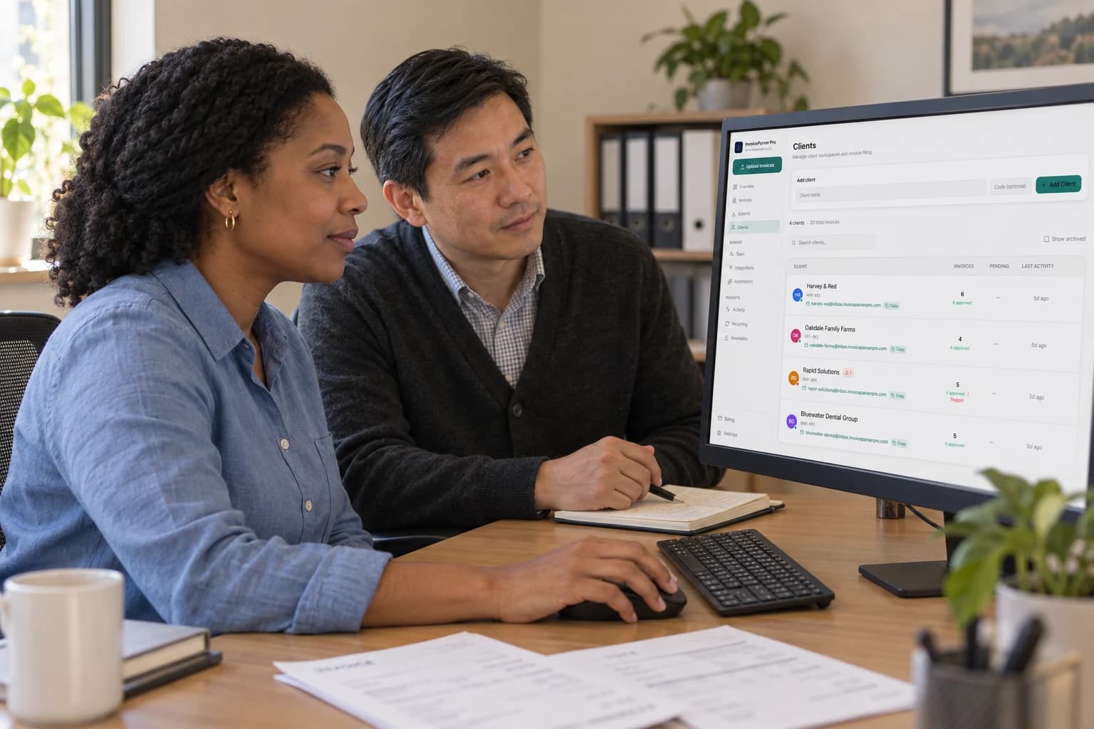 AI-generated illustration of two accounting colleagues reviewing client workspaces in IPP.