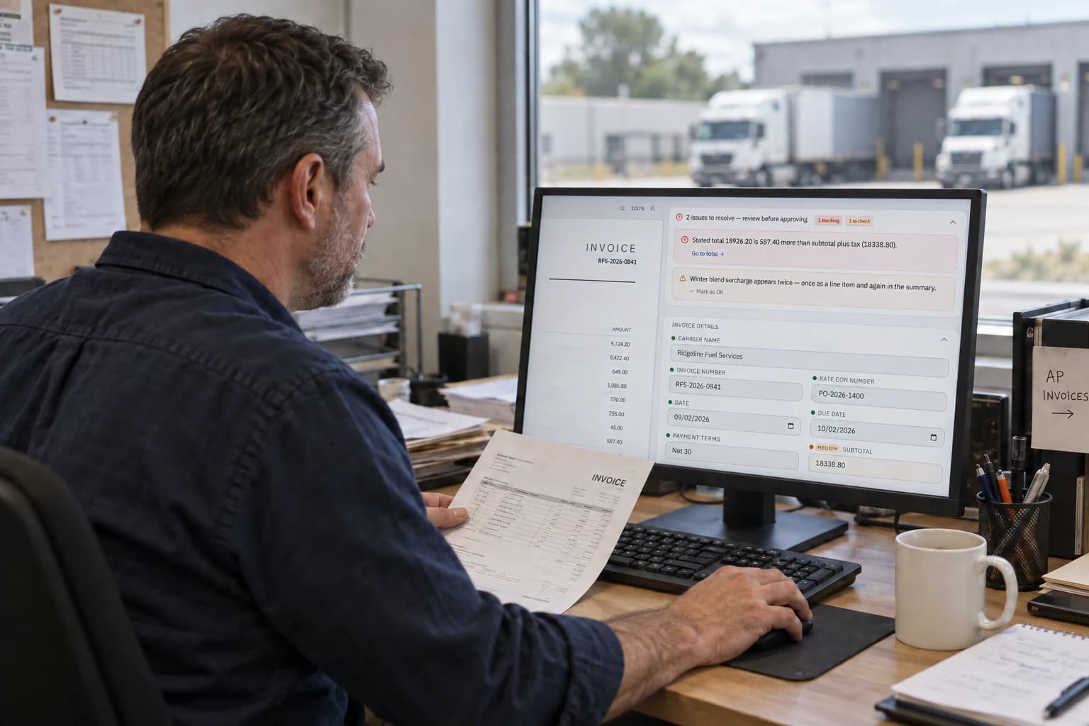AI-generated illustration of a freight administrator reviewing an invoice in IPP at a depot desk.