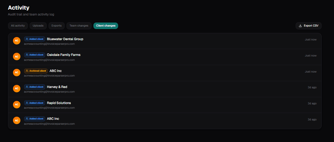InvoiceParser Pro Activity audit log showing client and team changes with timestamps