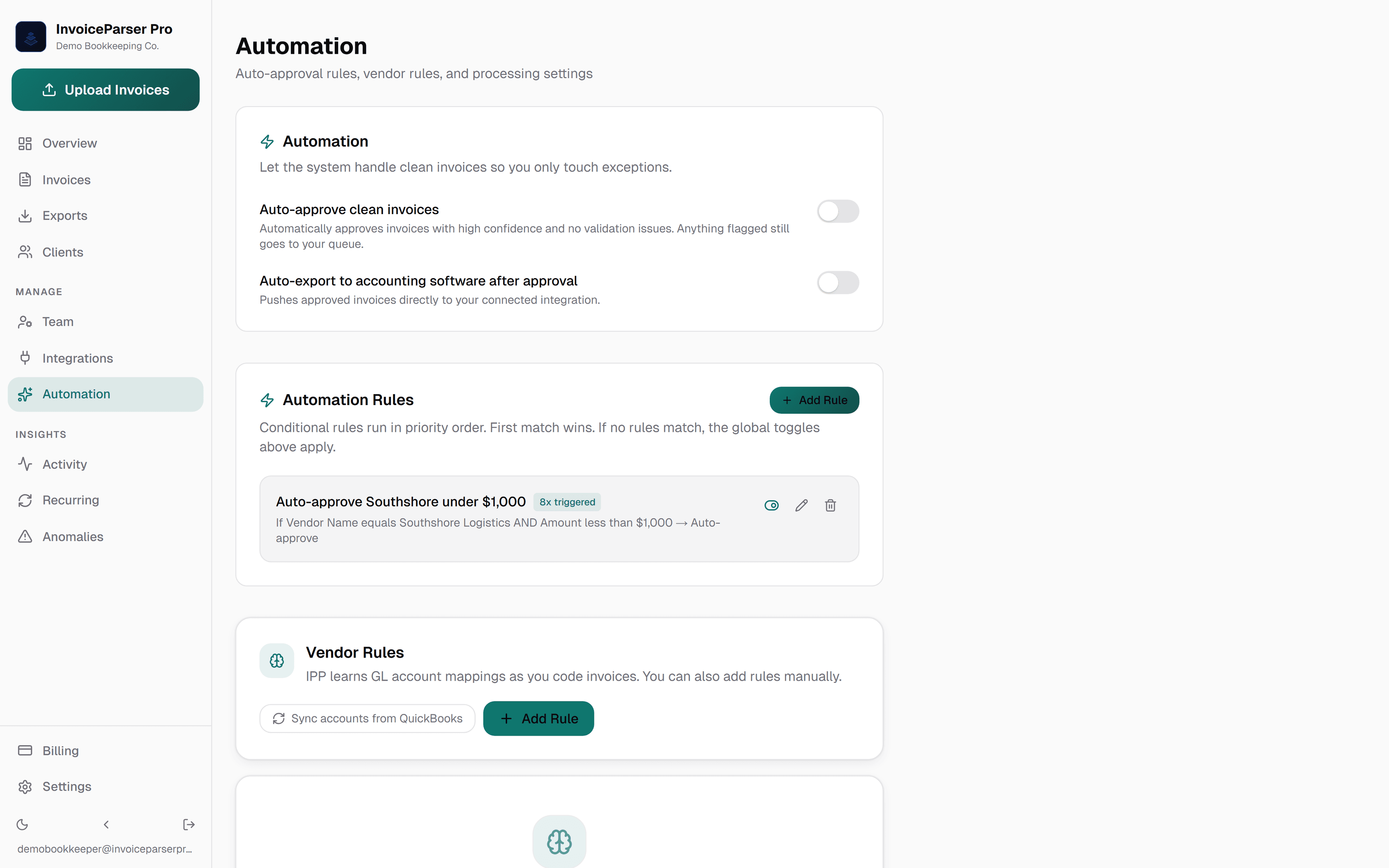 InvoiceParser Pro automation rule: Auto-approve Southshore under $1,000 — vendor name equals Southshore Logistics AND amount less than $1,000 — 8 times triggered