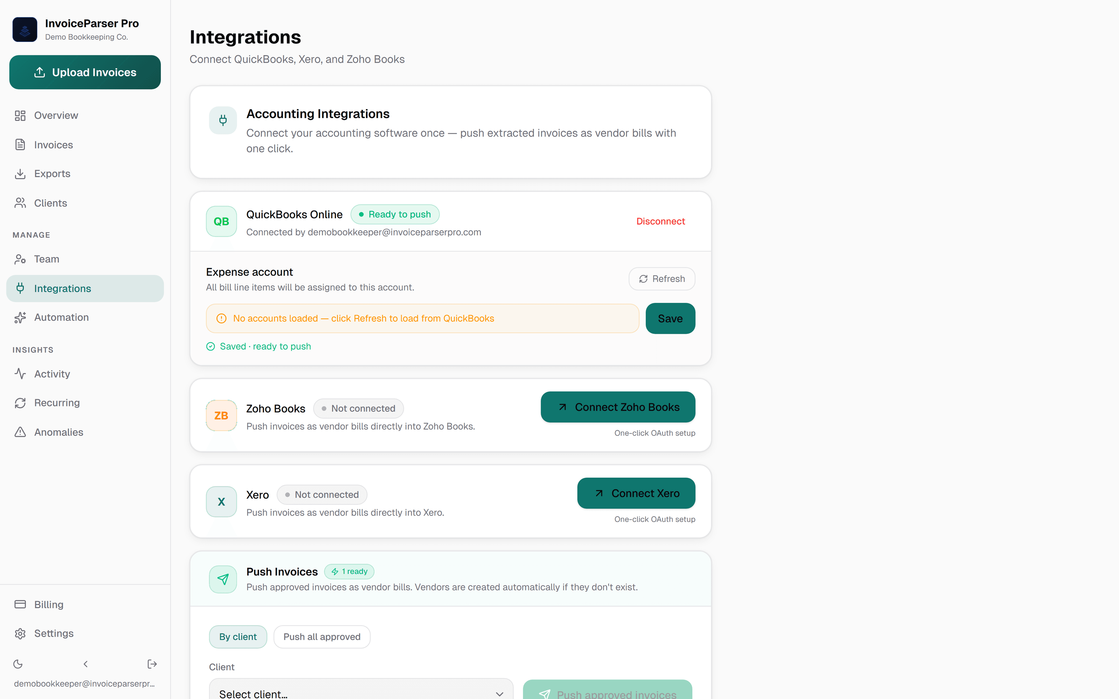 InvoiceParser Pro integrations — Xero, QuickBooks, Zoho Books