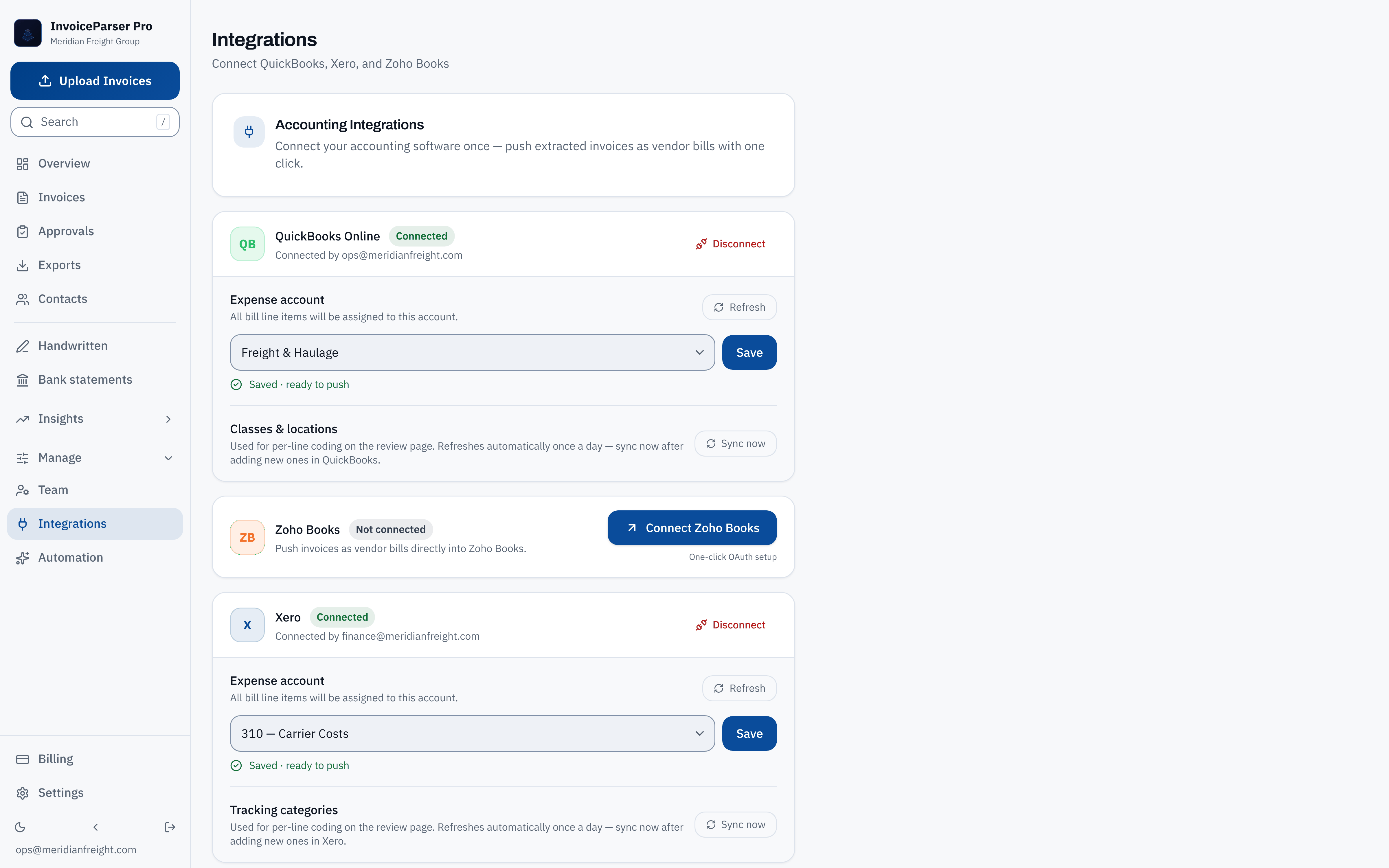 The Integrations page in InvoiceParser Pro with demo data: Xero connected with expense account 310 Carrier Costs and tracking categories, QuickBooks Online connected, Zoho Books not connected