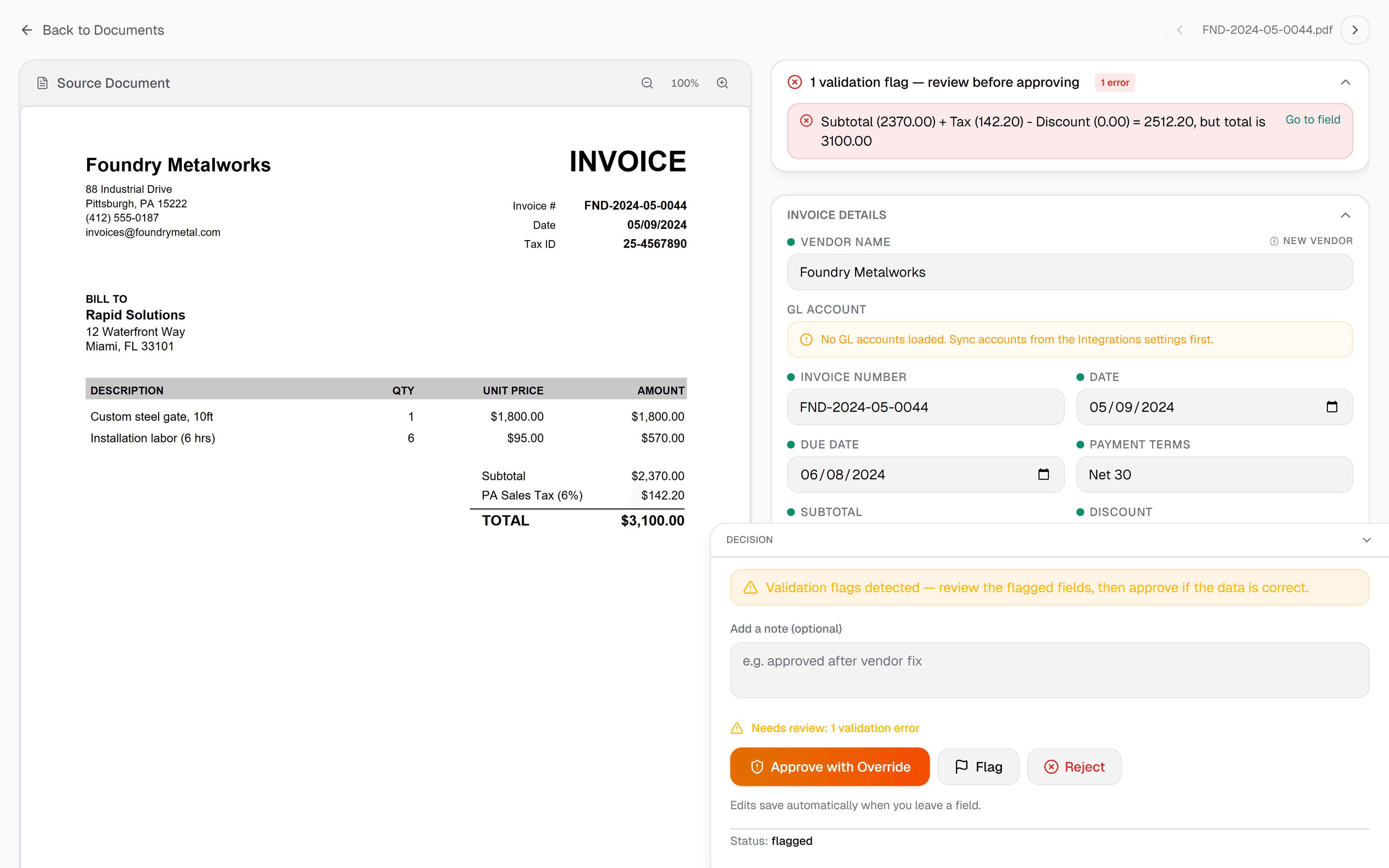InvoiceParser Pro exception review — a Foundry Metalworks invoice held at the review queue because subtotal plus tax does not reconcile with the stated total