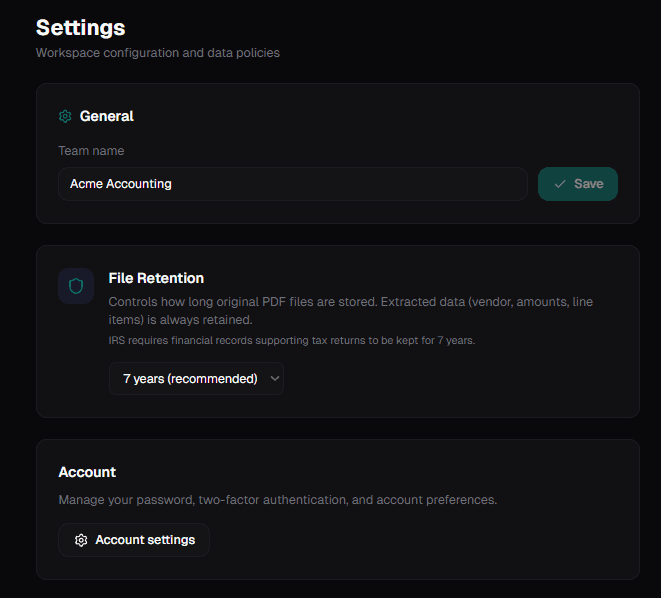 InvoiceParser Pro workspace Settings panel showing the File Retention control set to 7 years (recommended) with 3-year, 1-year, and Permanent options, aligned with the IRS 7-year record-keeping requirement