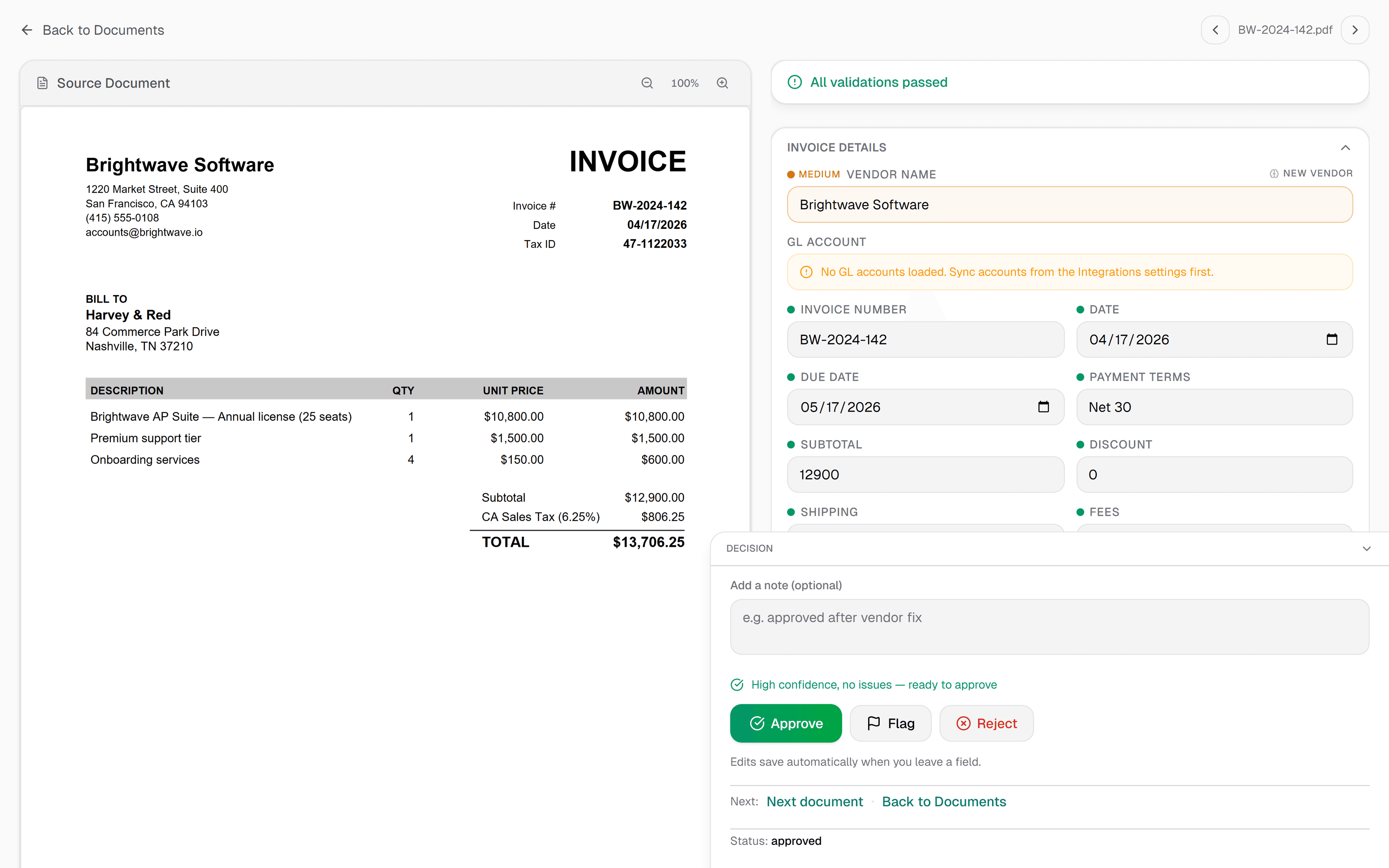 InvoiceParser Pro review workbench — extracted fields with confidence scoring